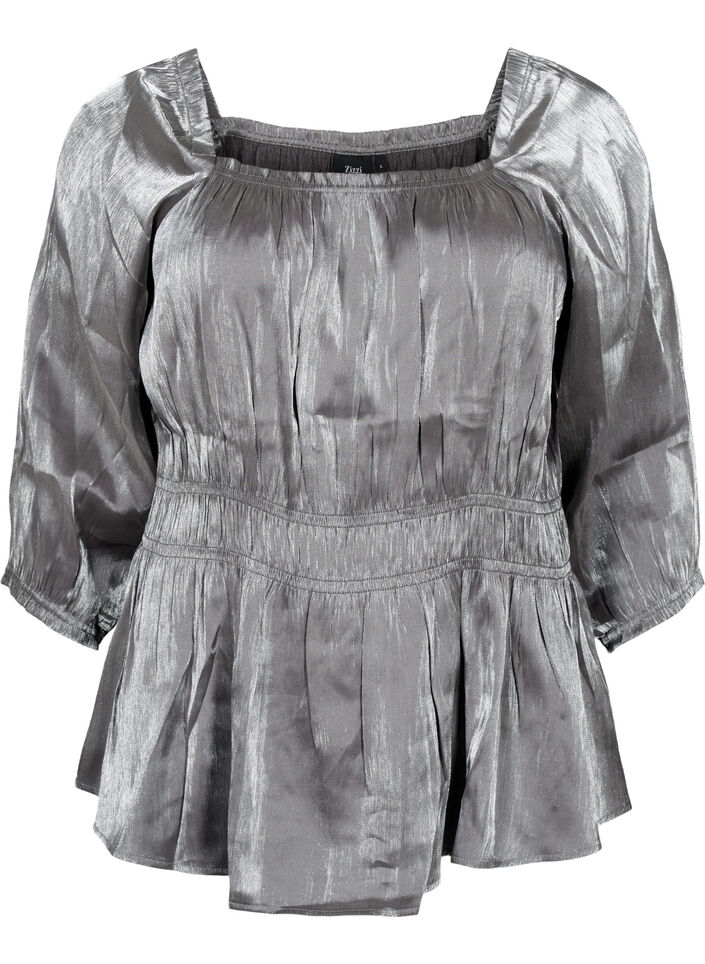 Blouse de couleur argentée avec manches 3/4 et smocks, Dark Silver, Packshot image number 0