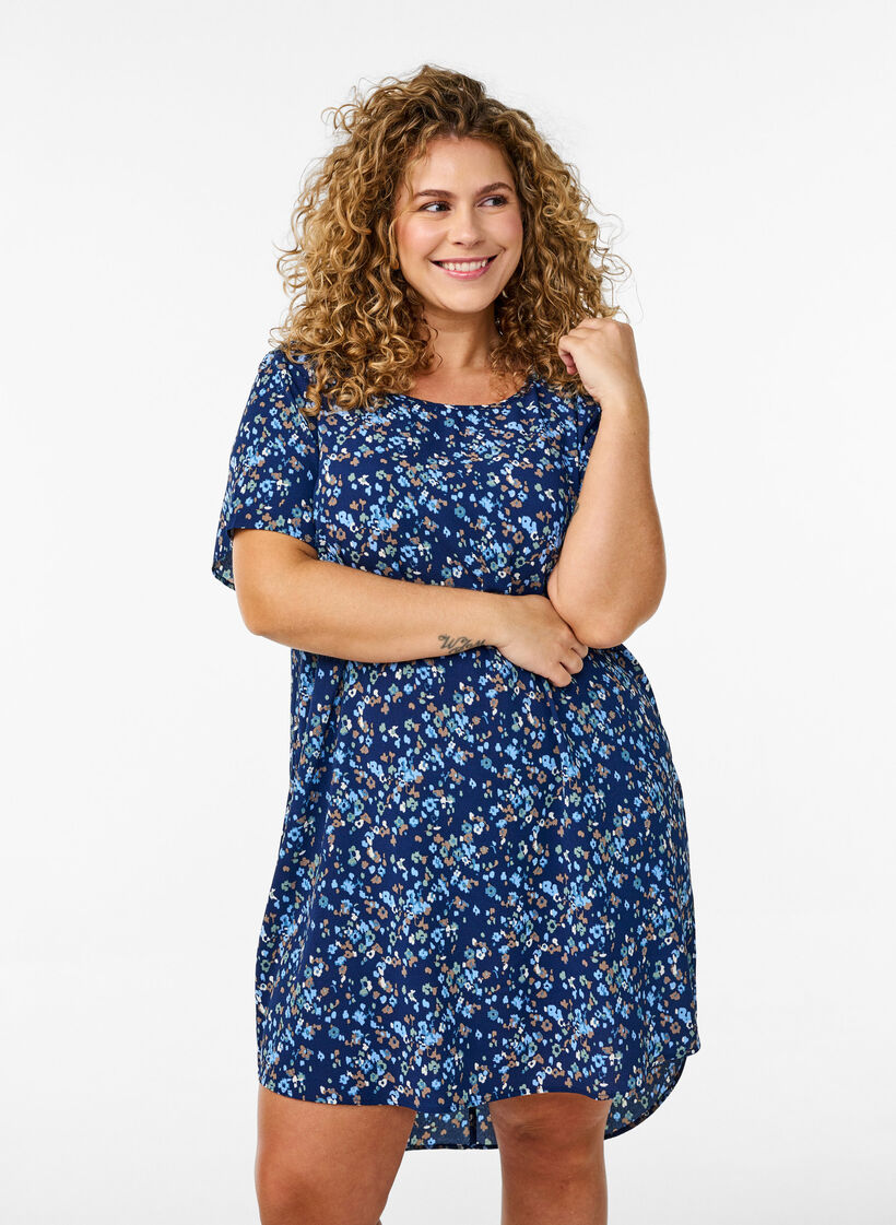 Kleid mit Aufdruck und kurzen Ärmeln, Blau, Model image number 0