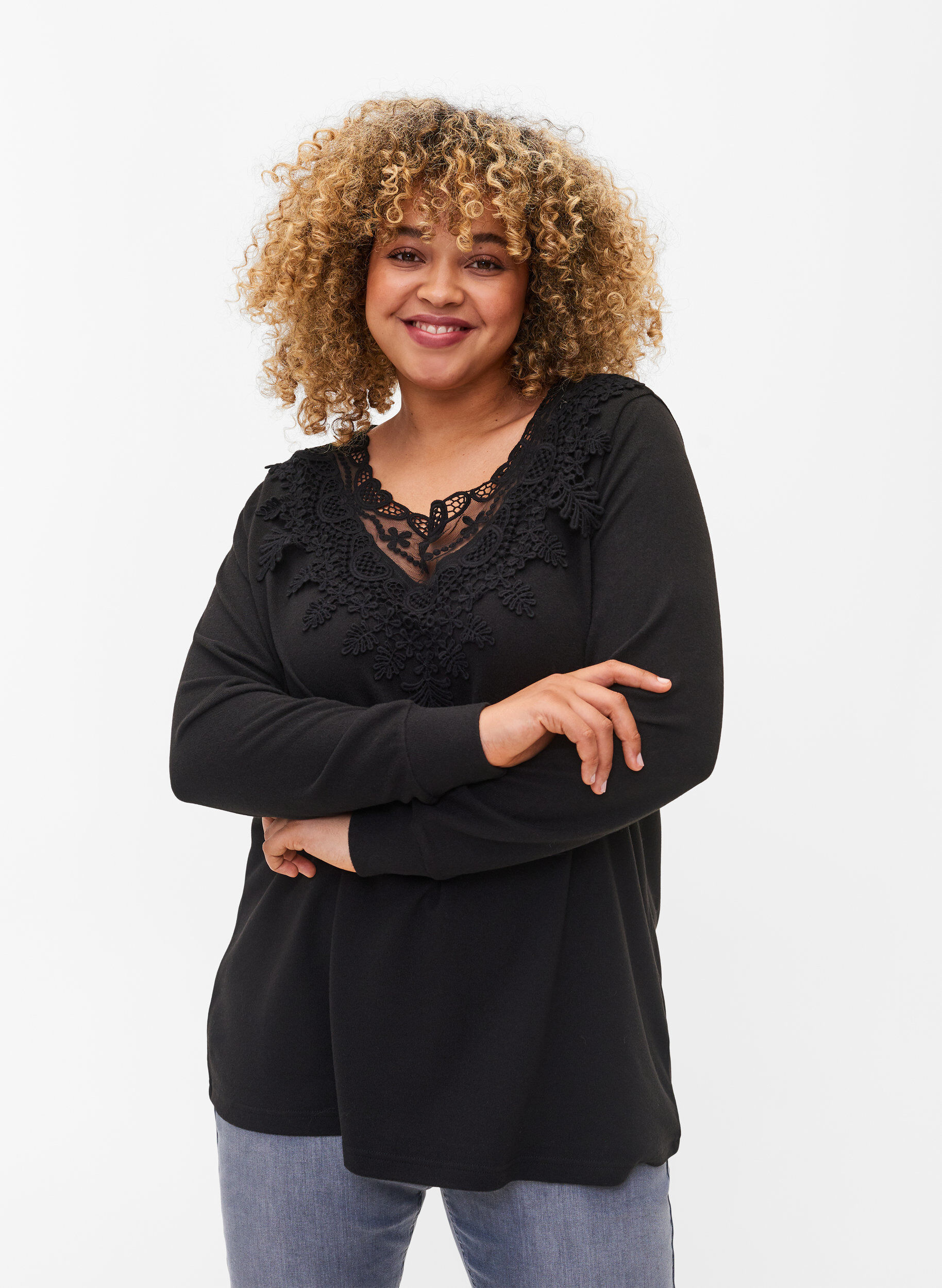 Zizzi Chemisier &agrave; manches longues avec d&eacute;tails en dentelle, Black, Model image number 0