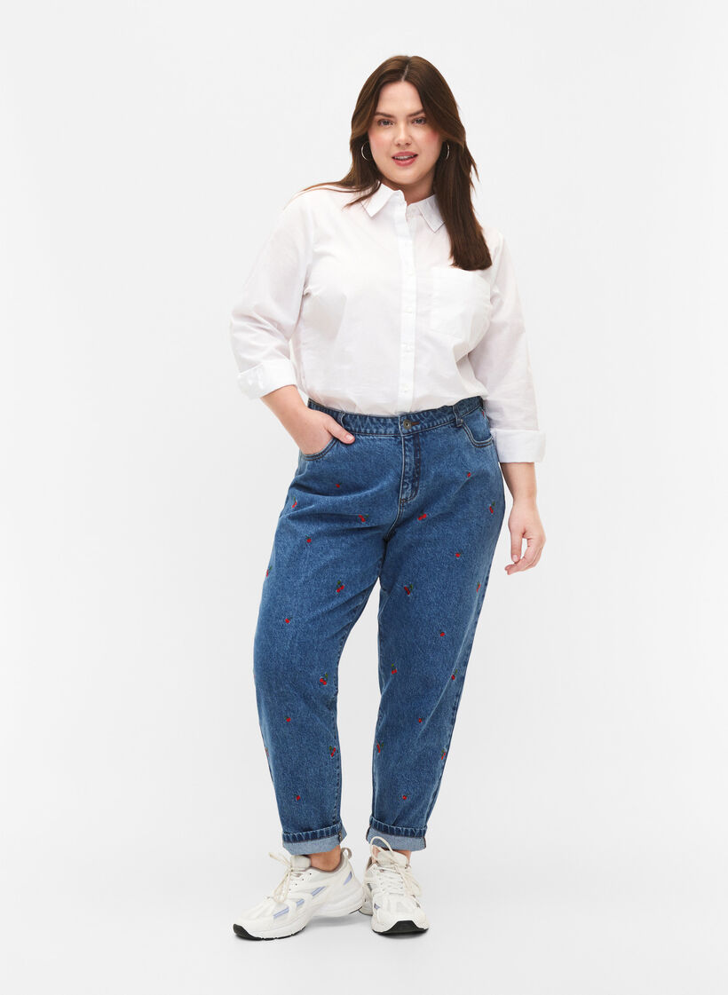Mille Mom Fit Jeans mit Stickerei, Blau, Model image number 0