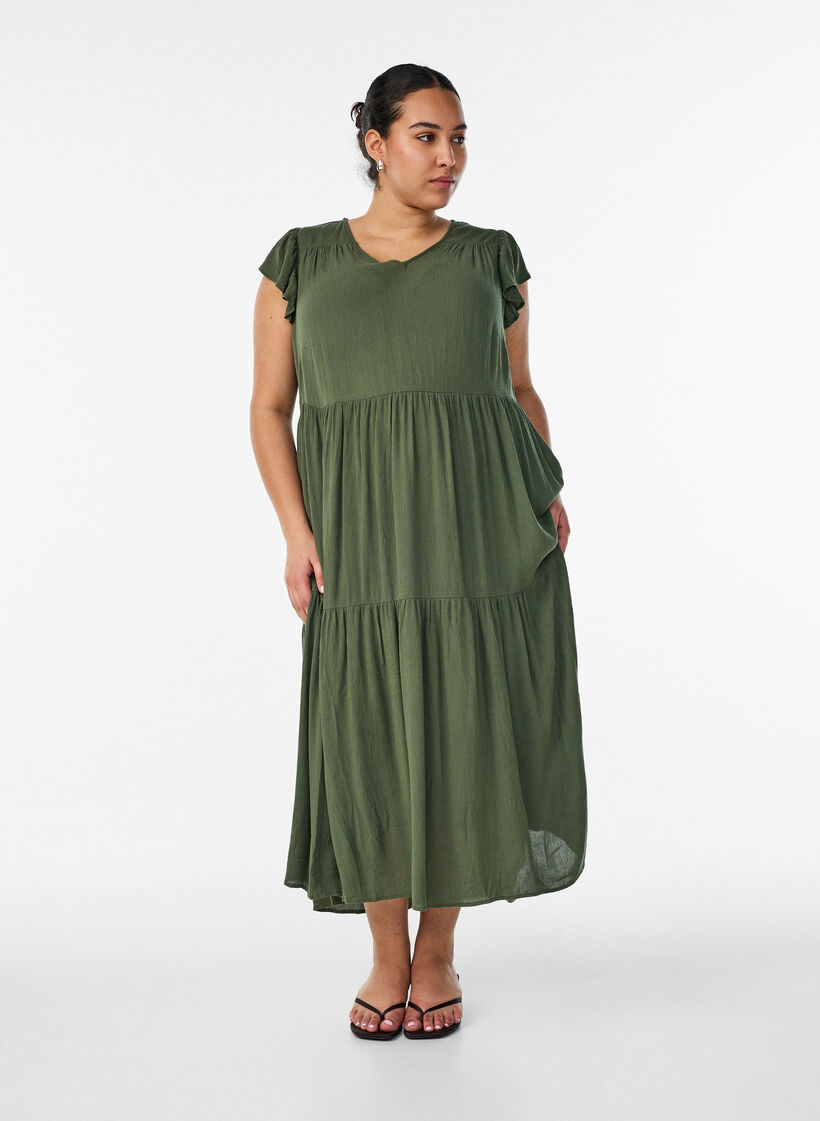 Robe midi en viscose avec manches &agrave; volants, Vert, Model image number 1
