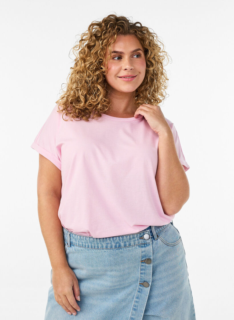 T-shirt &agrave; manches courtes en coton m&eacute;lang&eacute;, Rose, Model image number 0