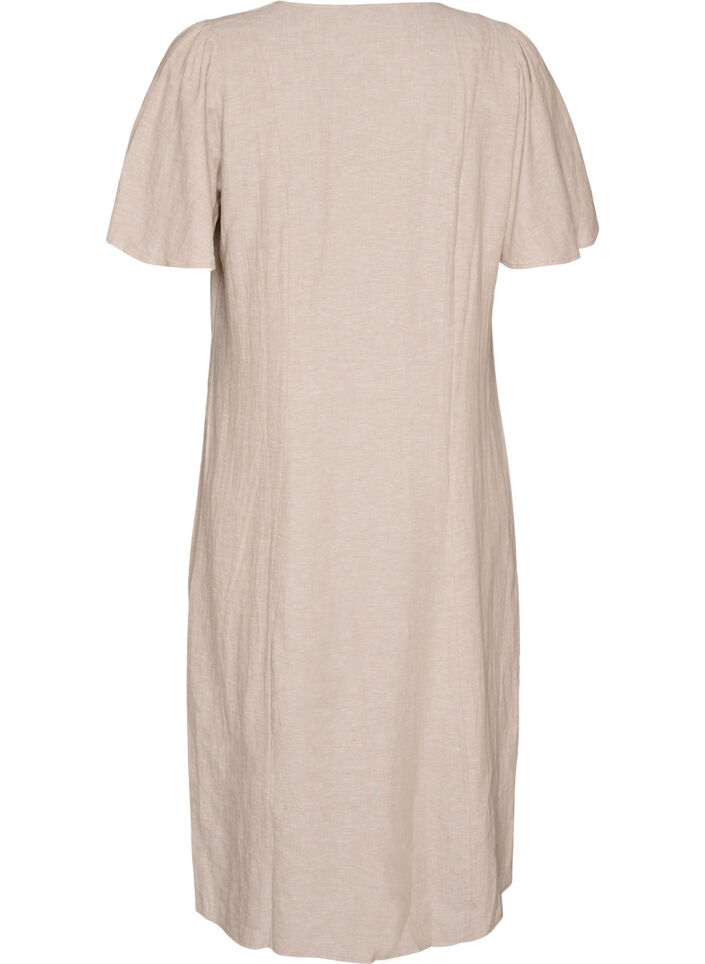 Robe midi en lin et viscose avec manches &agrave; volants, Beige, Packshot image number 1