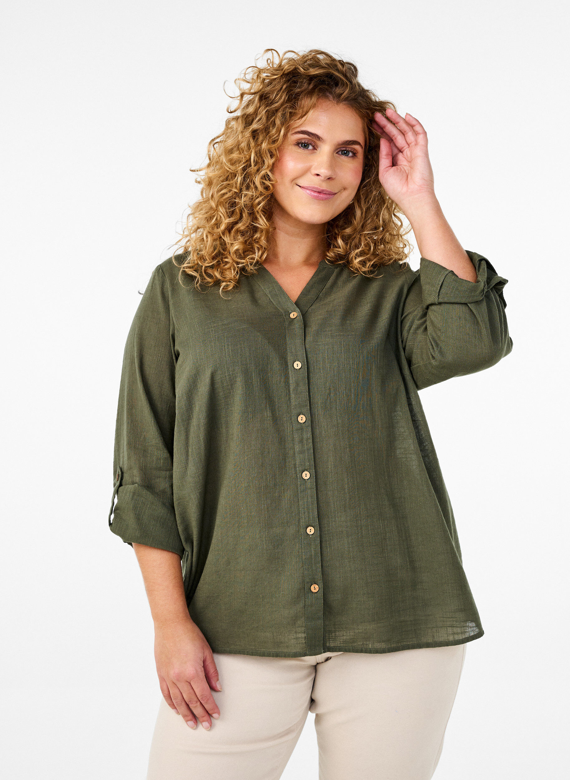 ZizziBaumwollbluse mit V-Ausschnitt, Gr&uuml;n, Model image number 0