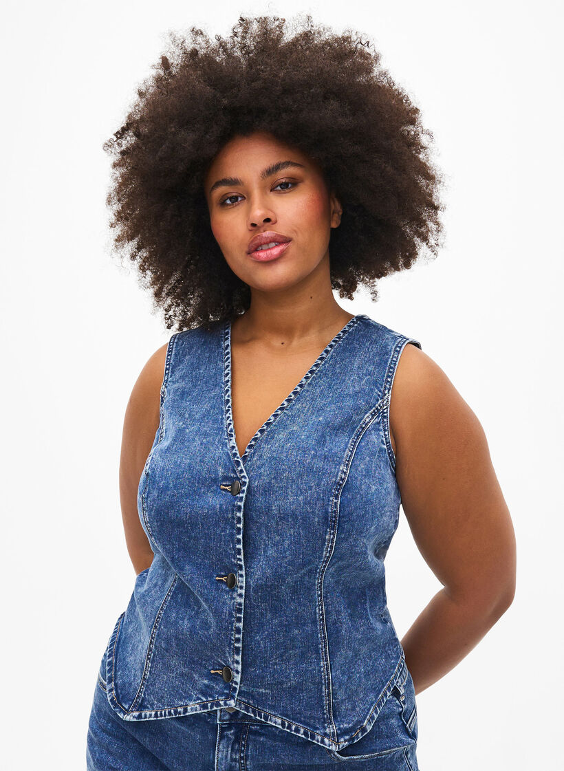 Schmal geschnittene Denim-Weste mit Knöpfen, Blue Denim, Model image number 0