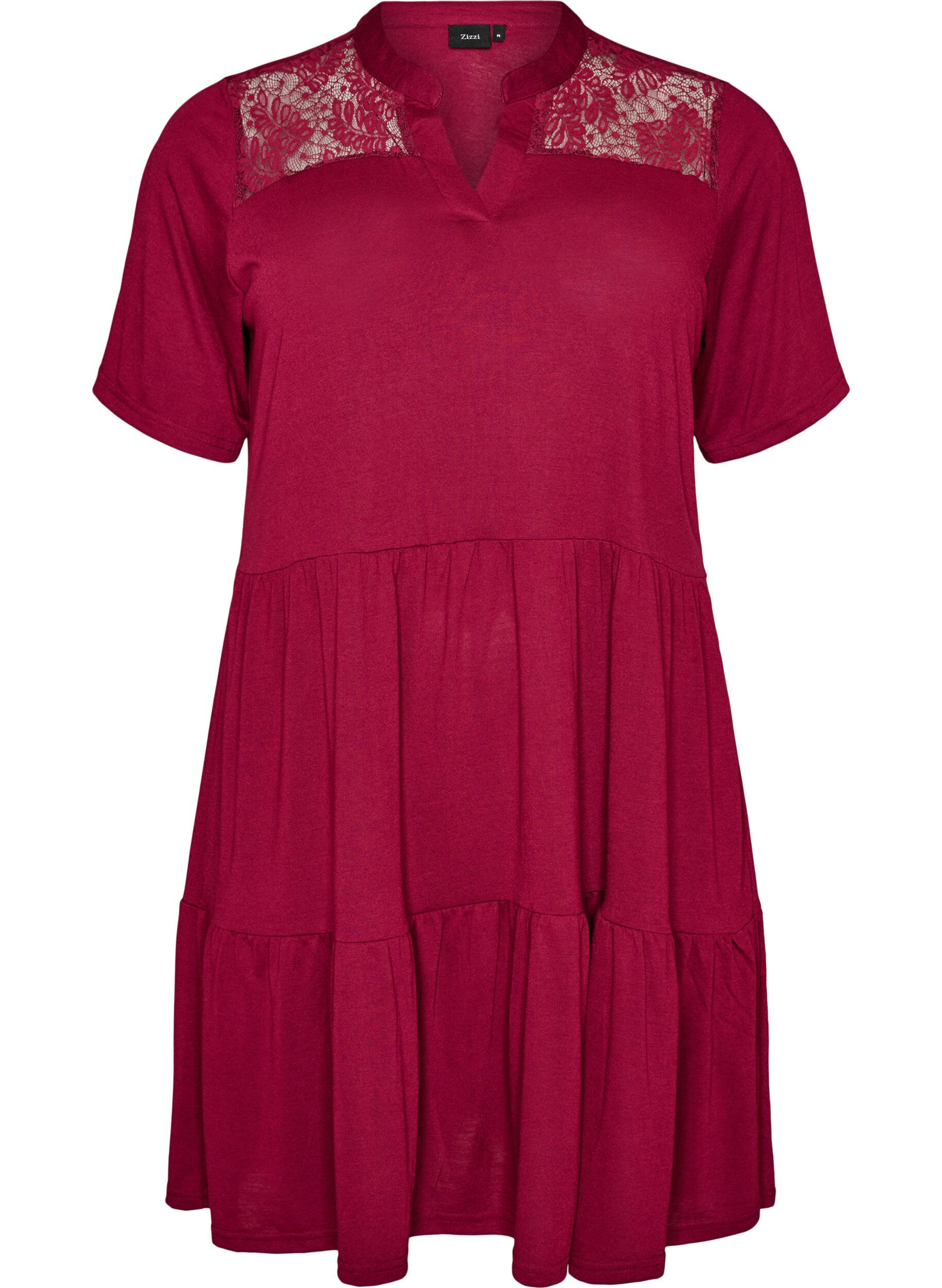 ZizziRobe en jersey avec d&eacute;tails en dentelle et jupe superpos&eacute;e, Rouge, Packshot image number 0