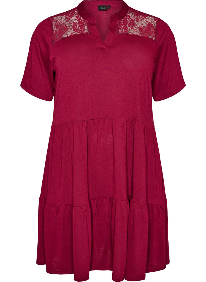 Robe en jersey avec d&eacute;tails en dentelle et jupe superpos&eacute;e, Rouge, Packshot image number 0