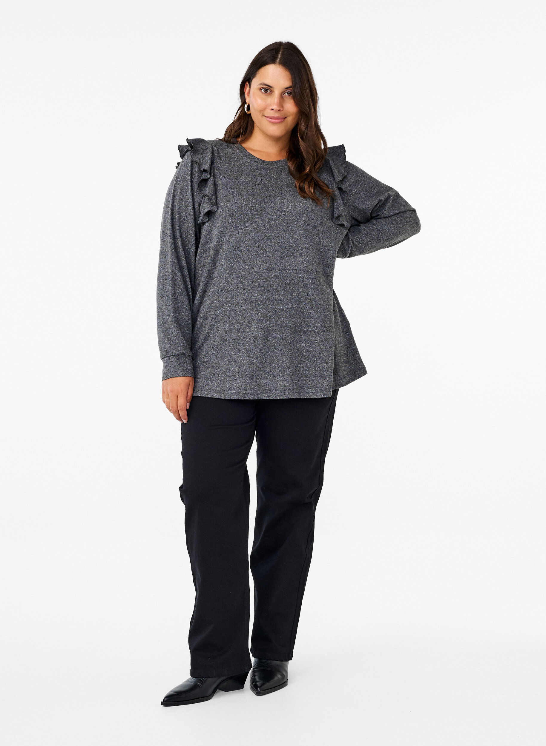 Zizzi  Lang&auml;rmelige Bluse mit R&uuml;schendetails, Dark Grey Melange, Model image number 2
