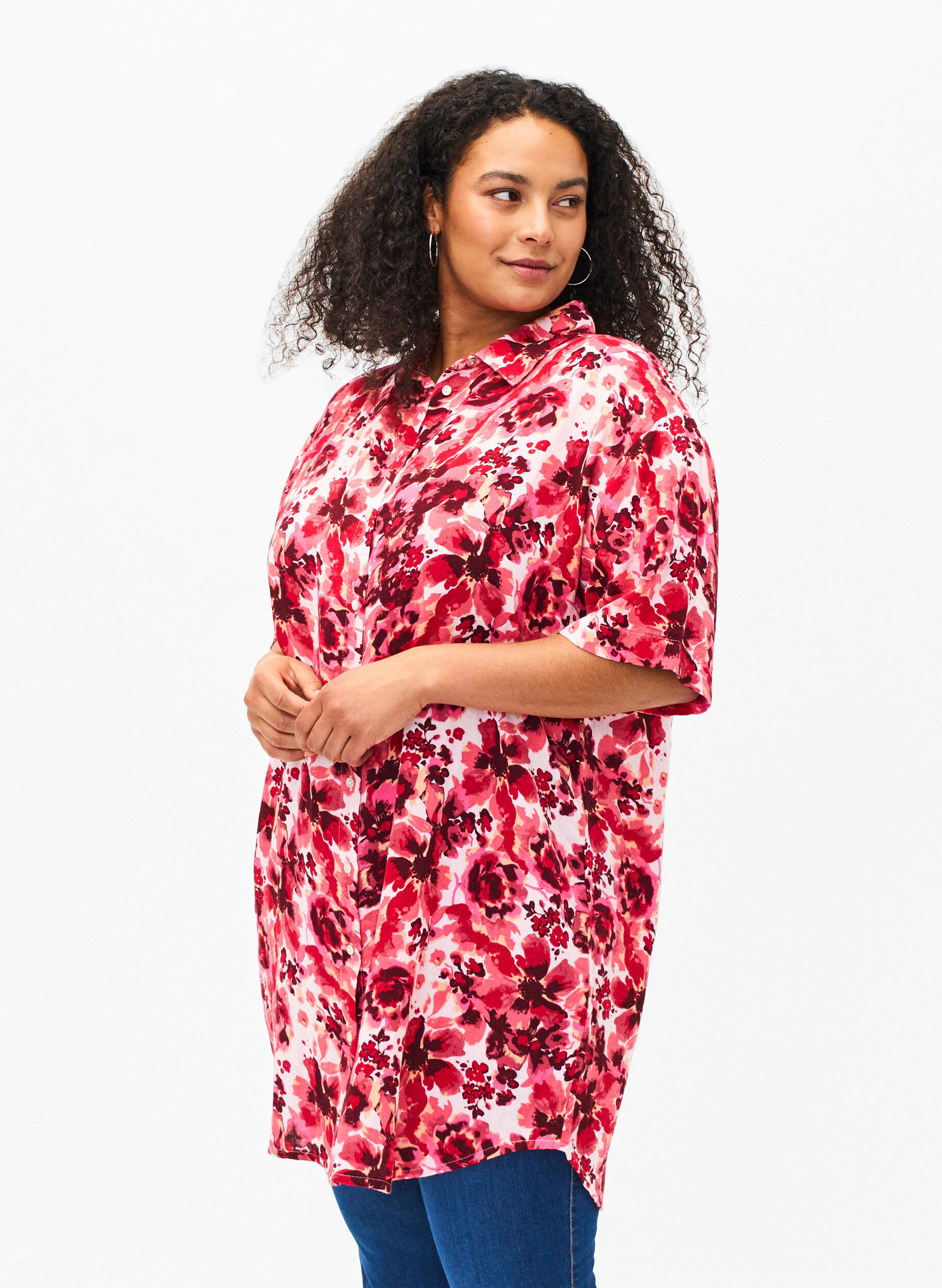 Zizzi Langes Shirt mit Allover-Druck, Pink AOP Flower, Model image number 0