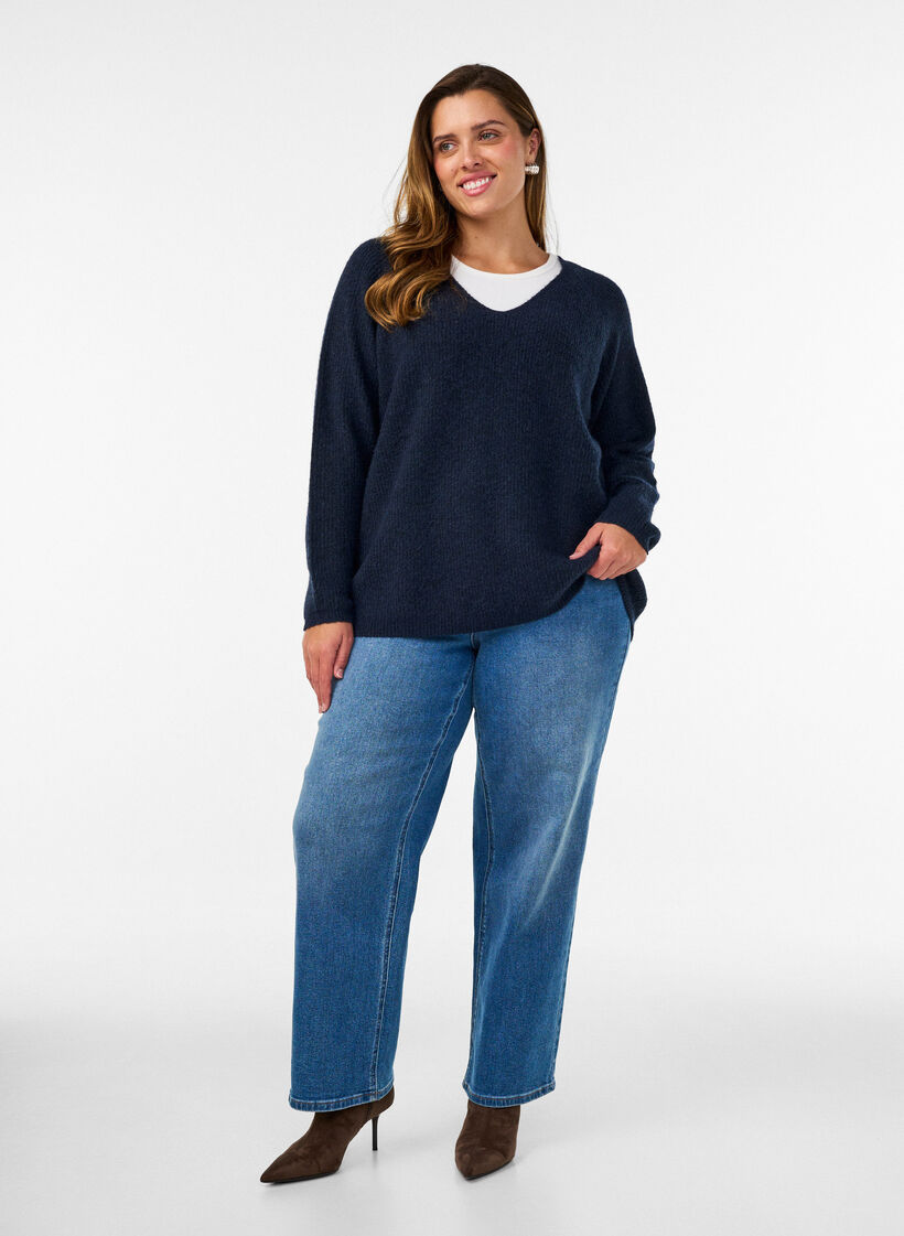Strickbluse mit V-Ausschnitt und Raglan&auml;rmeln, Blau, Model image number 1