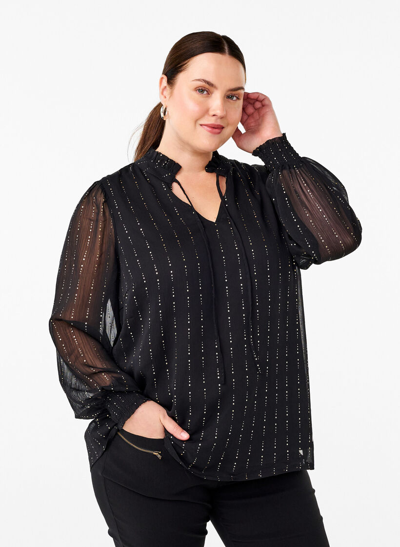 Gemusterte Chiffonbluse mit Schleifen, Black, Model image number 0