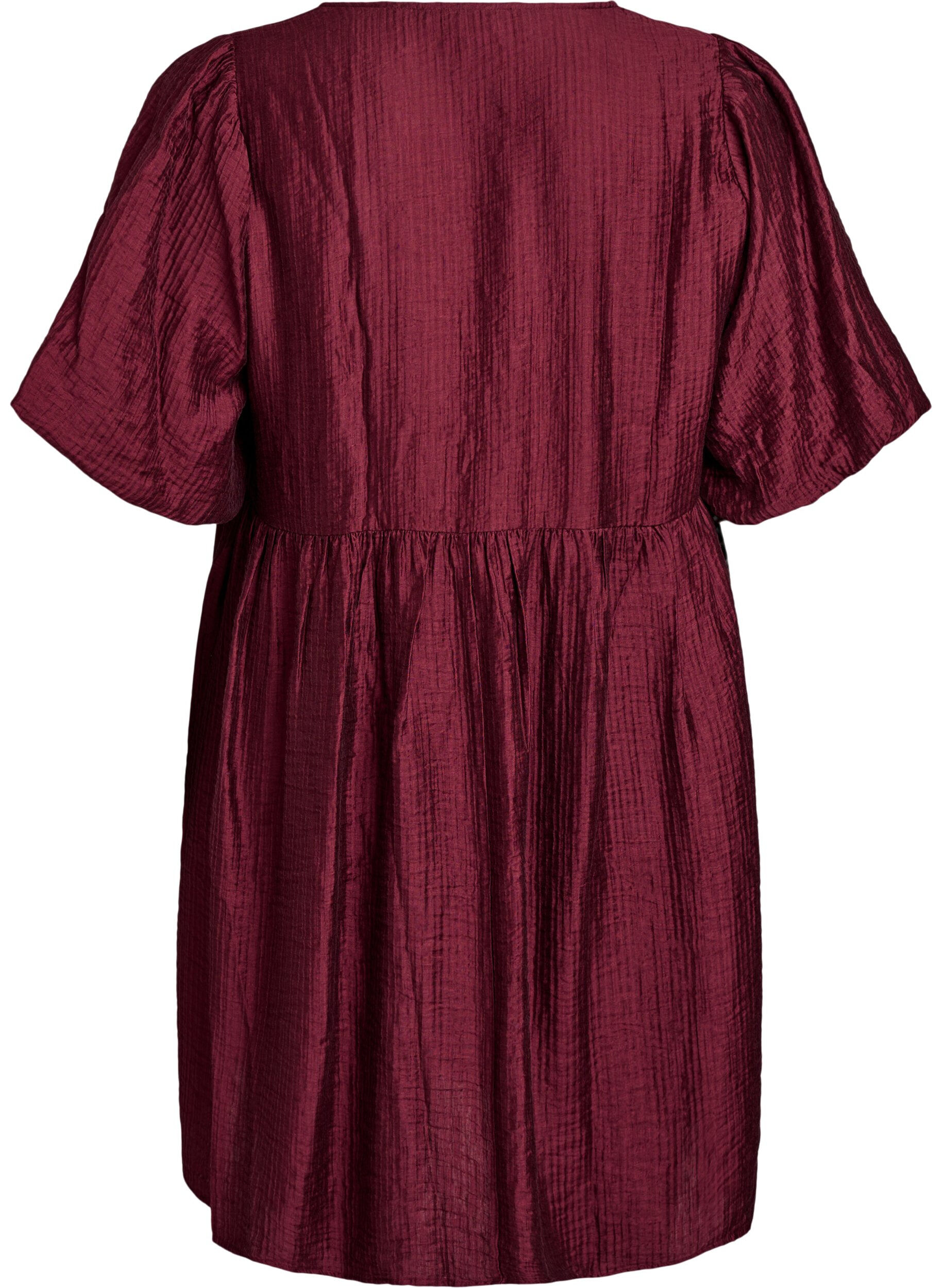 Zizzi Robe courte textur&eacute;e &agrave; manches courtes bouffantes, Bordeaux, Packshot image number 1