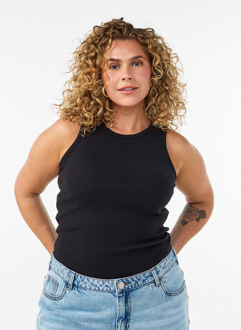 Ripptop aus Baumwolle mit hohem Kragen, Schwarz, Model image number 0