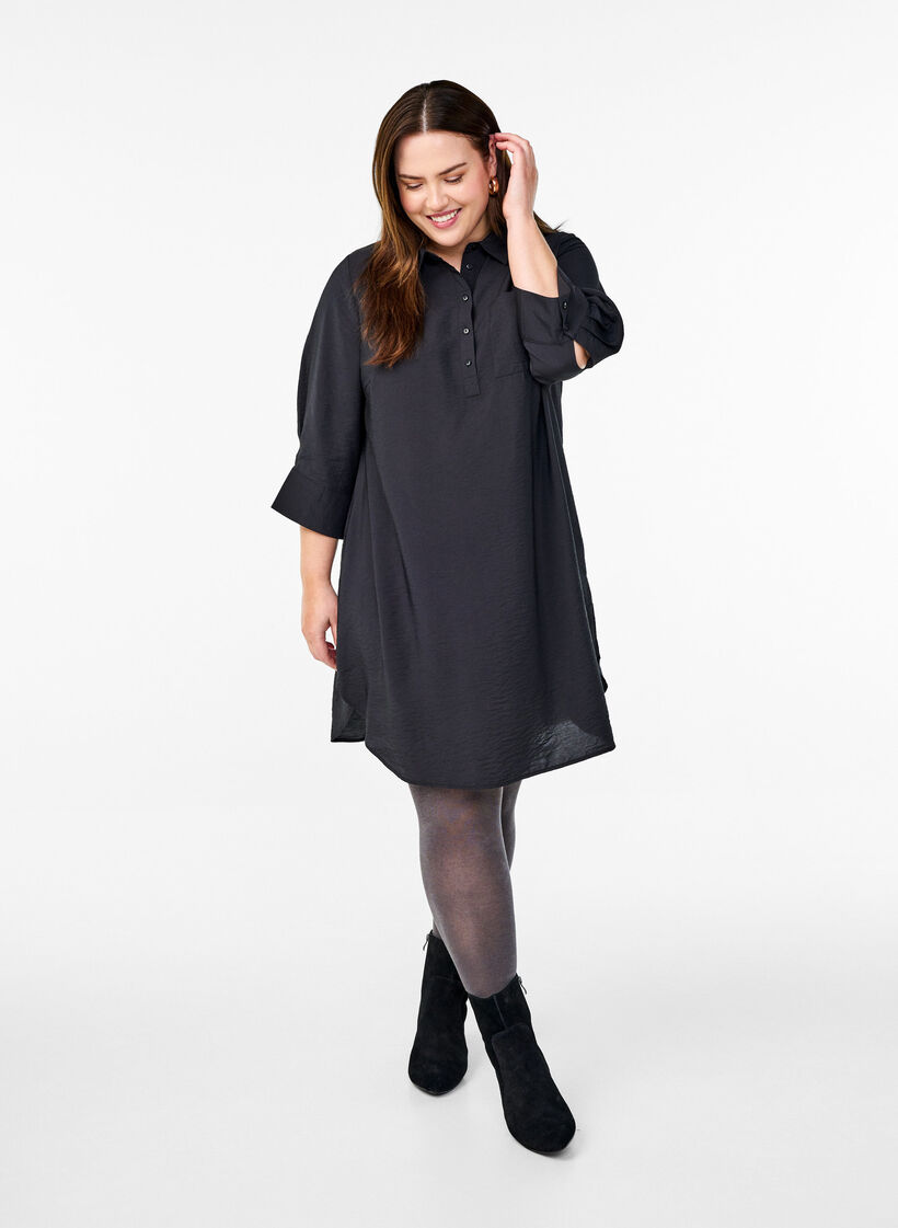 Kleid mit Kragen und Brusttasche, Schwarz, Model image number 1