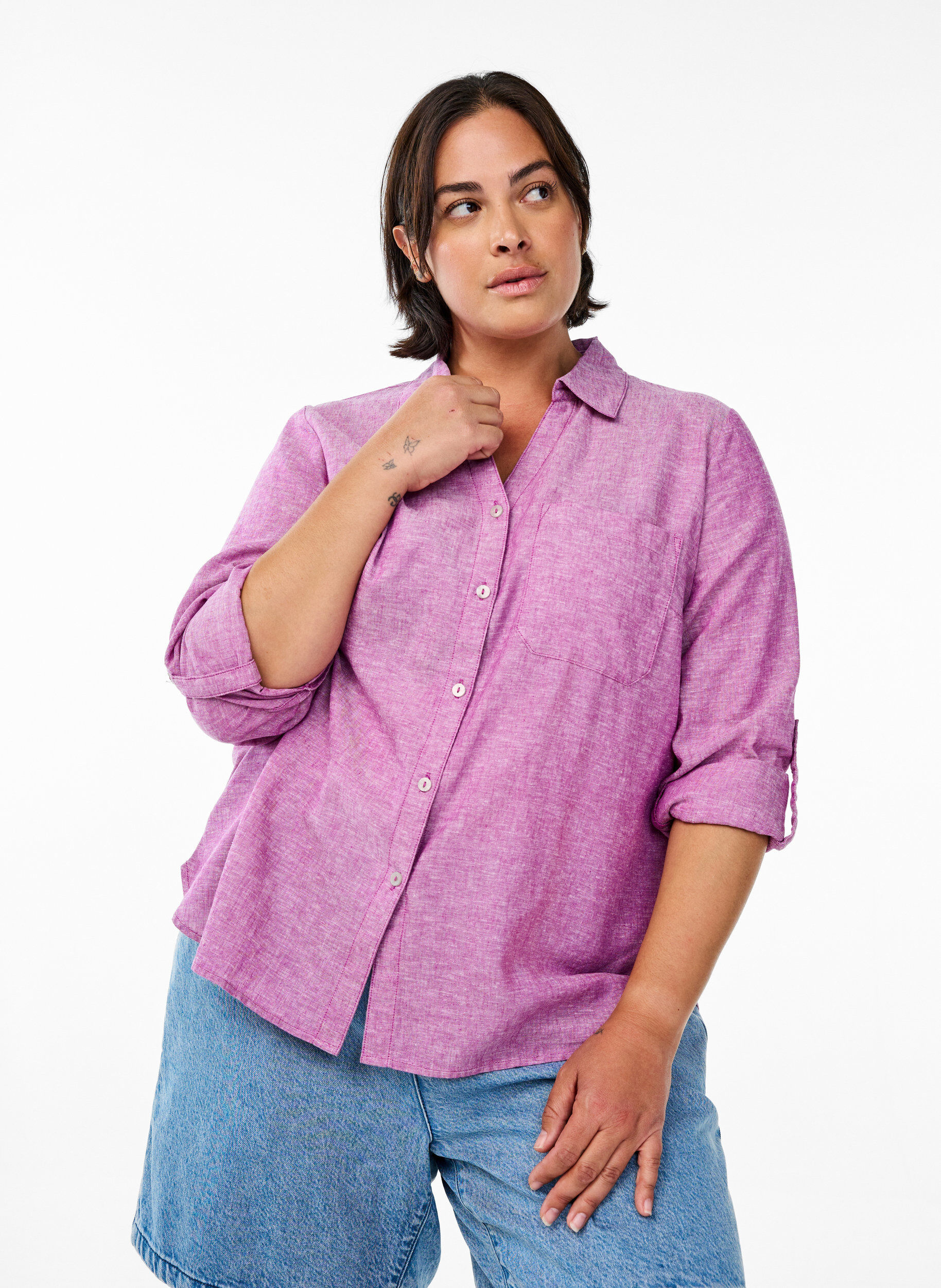 Zizzi Bluse aus Leinen und Viskose mit 3/4-&Auml;rmeln, Lila, Model image number 0