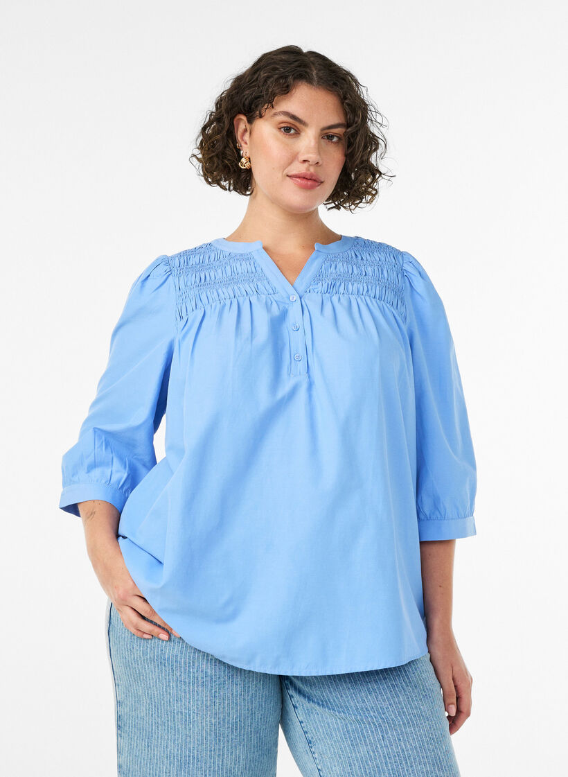 Blouse avec smock et manches 3/4, Bleu, Model image number 0