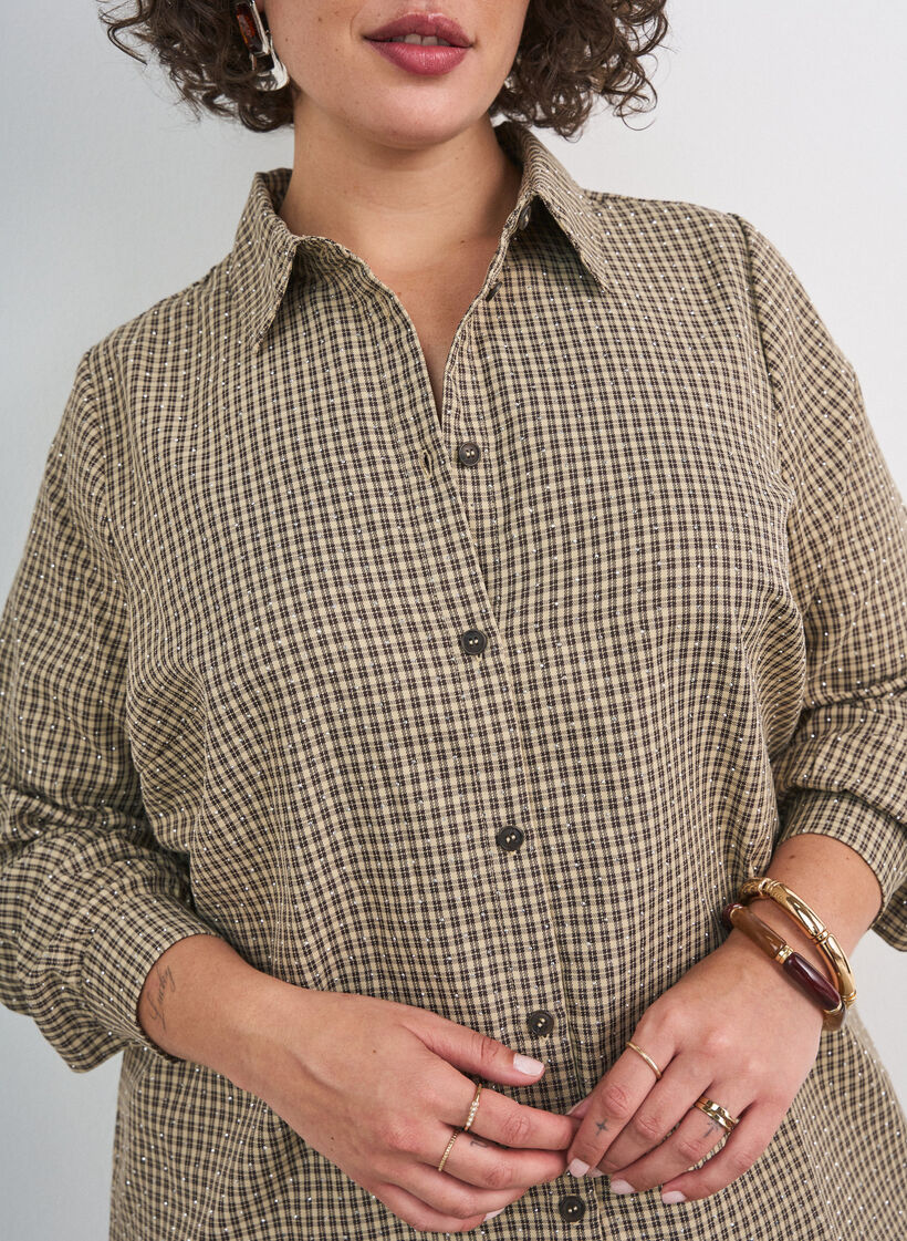 Bluse mit kleinem Karomuster und Strasssteinen, Braun, Model image number 3