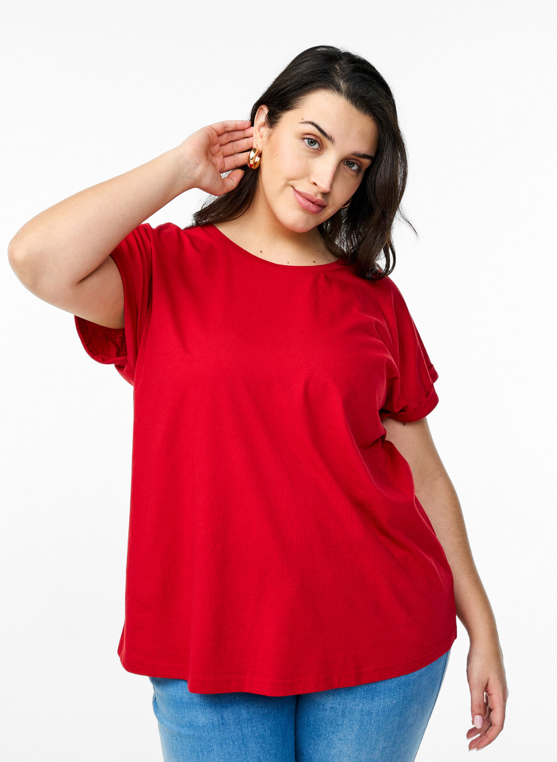 Zizzi T-shirt &agrave; manches courtes en m&eacute;lange de coton, Rouge, Model image number 0