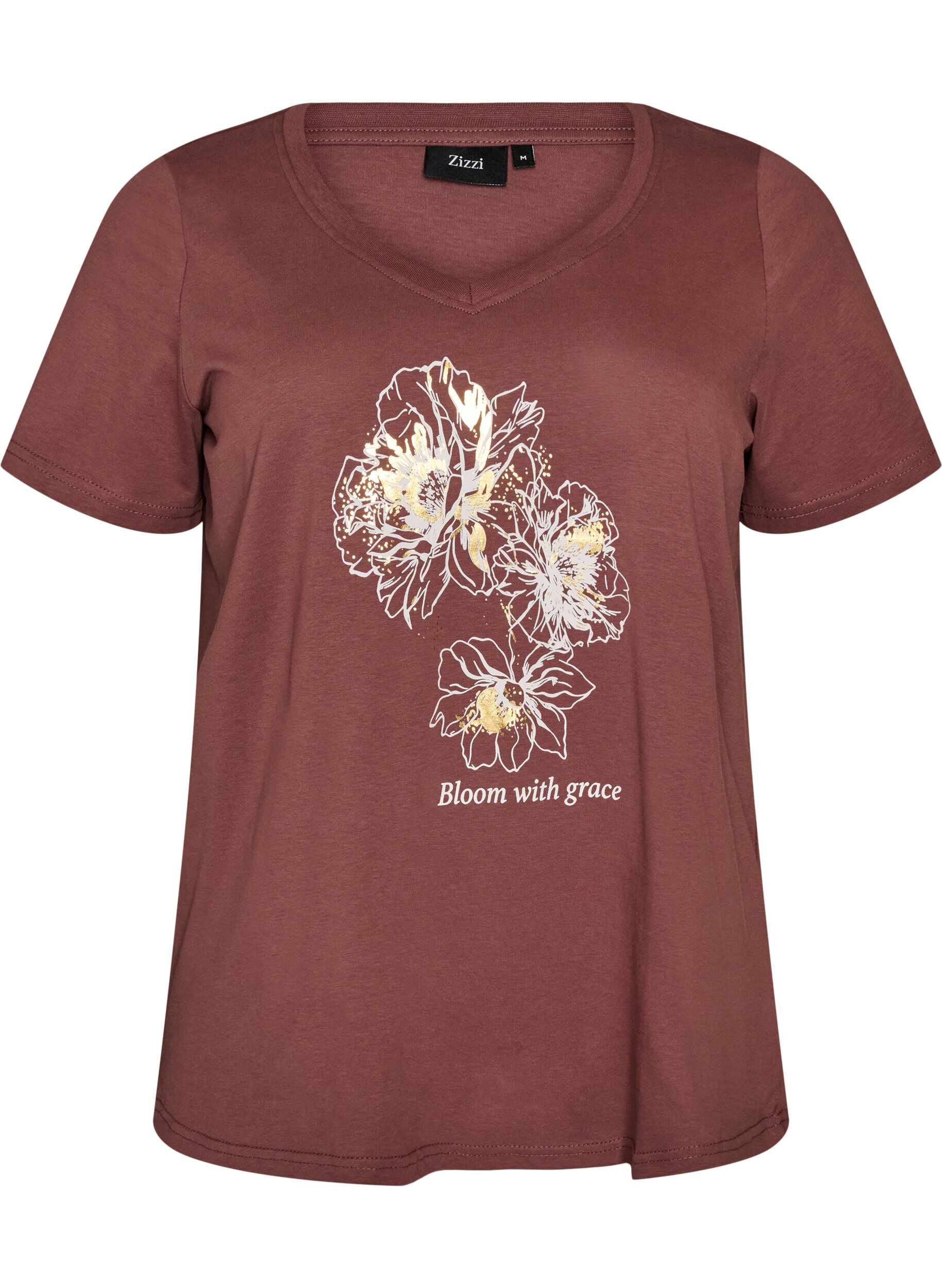 T-Shirt aus Baumwolle mit Frontprint und V-Ausschnitt