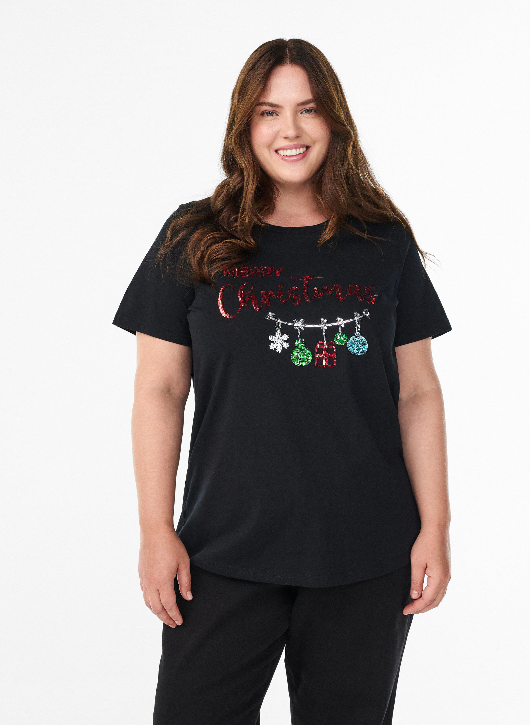 Zizzi Weihnachts-T-Shirt aus Bio-Baumwolle, Schwarz, Model image number 0