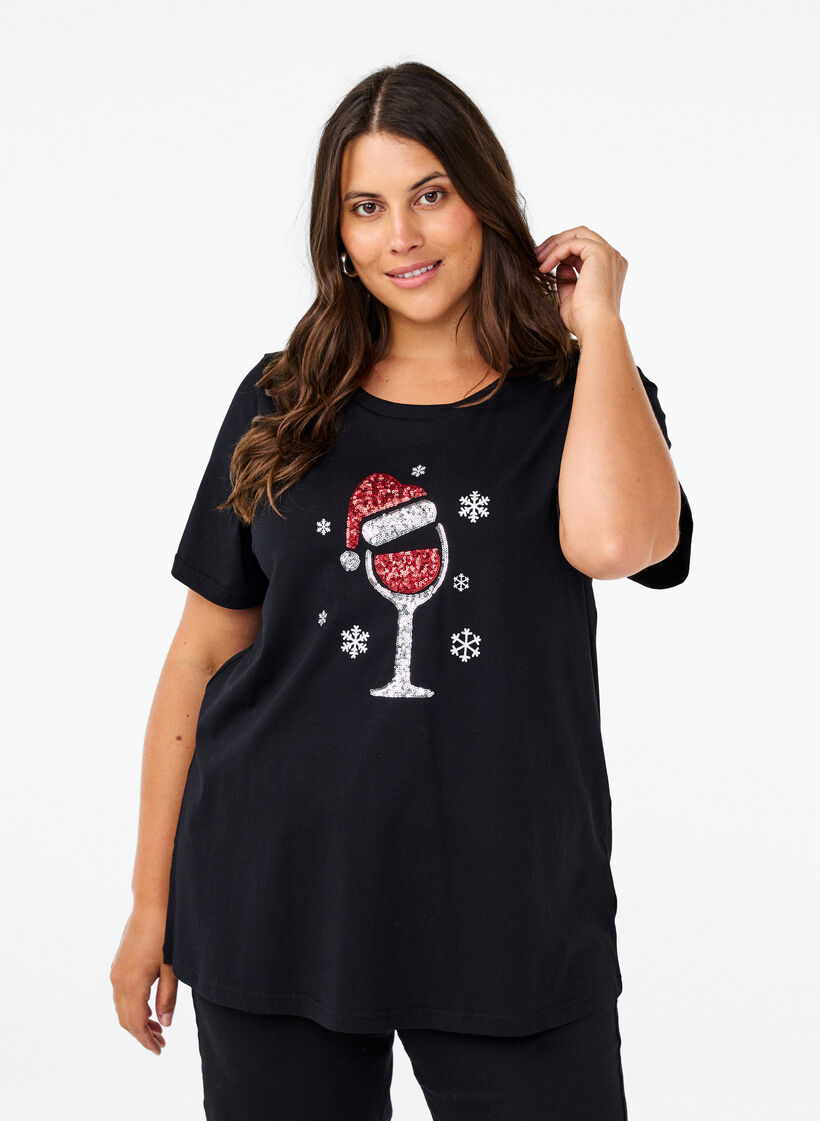 Weihnachtliche T-Shirts aus 100% Baumwolle, Black w. Wine, Model image number 0