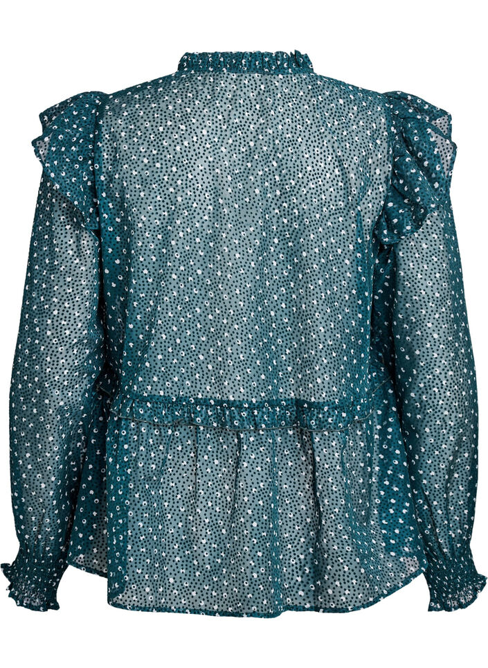 Bluse aus Chiffon mit Rüschendetails und kleinen Punkten, Grün, Packshot image number 1