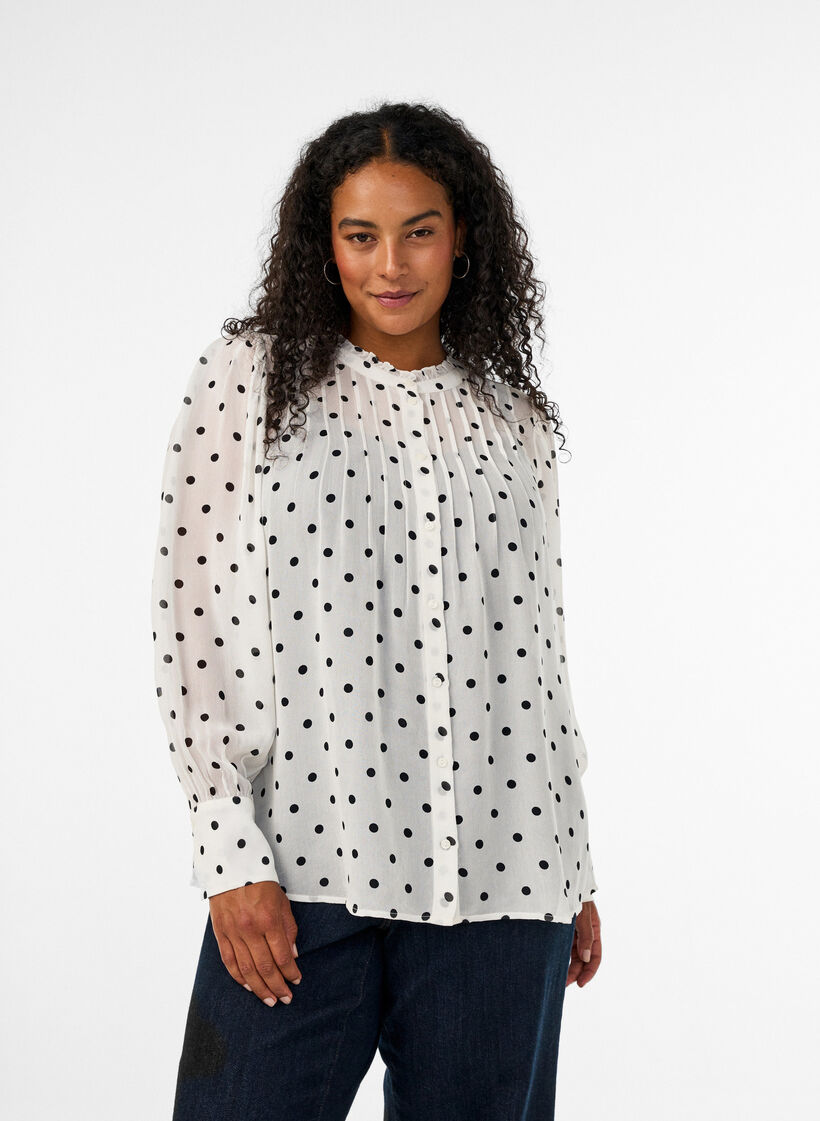 Blouse en viscose &agrave; col &agrave; volants, Blanc, Model image number 0