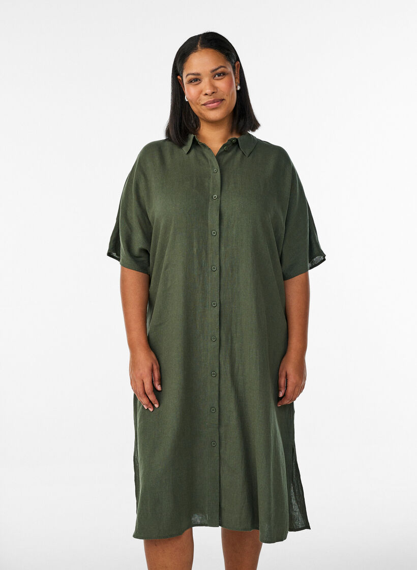 Robe chemise en lin et viscose &agrave; manches courtes, Vert, Model image number 0