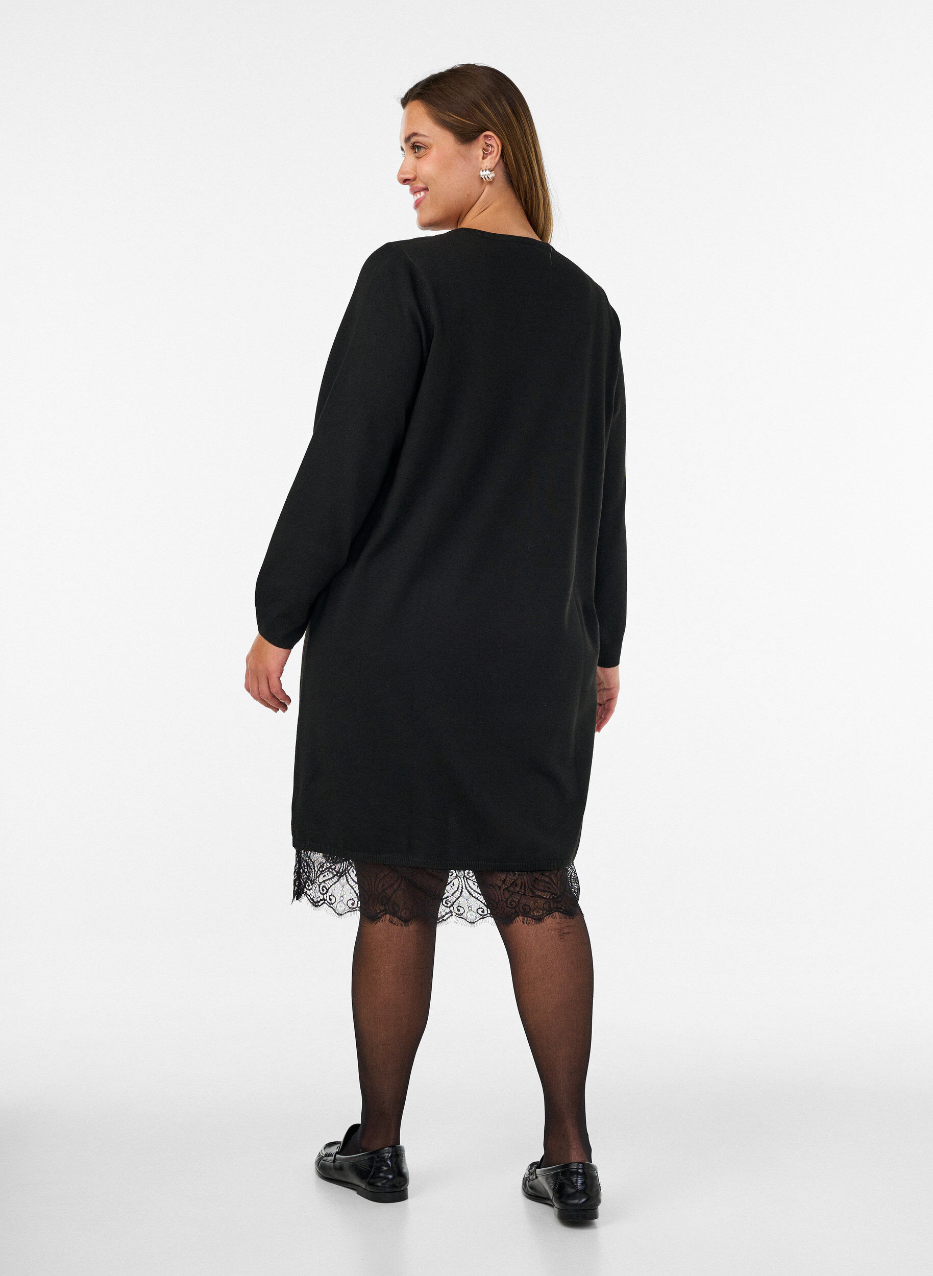 ZizziRobe courte en maille avec ourlet en dentelle, Noir, Model image number 2