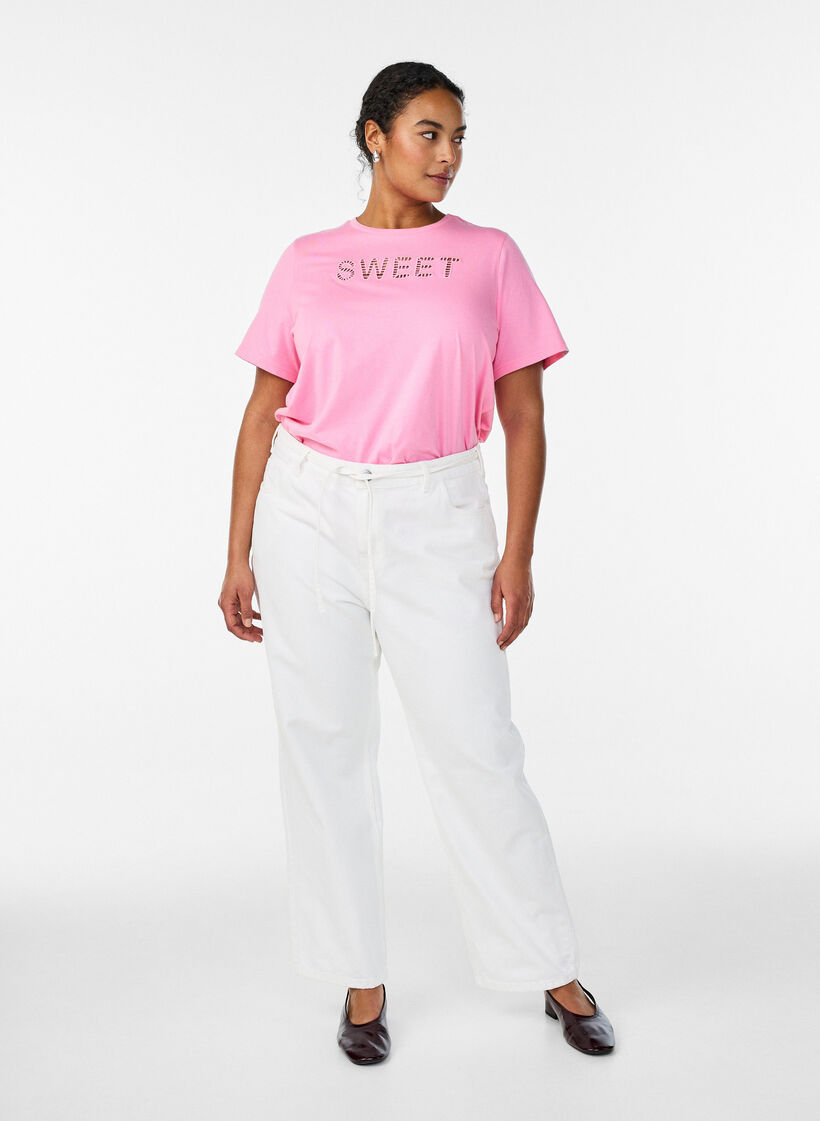 T-shirt en coton avec texte brod&eacute;, Blanc, Model image number 1