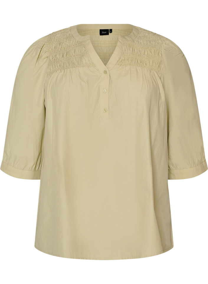 Blouse avec smock et manches 3/4, Vert clair, Packshot image number 0