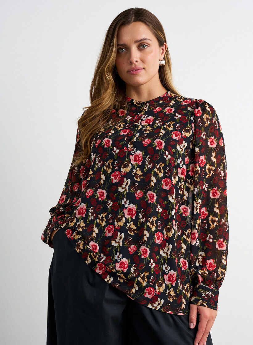 Blouse avec imprim&eacute; int&eacute;gral et patte de boutonnage courte, Rose, Model image number 0