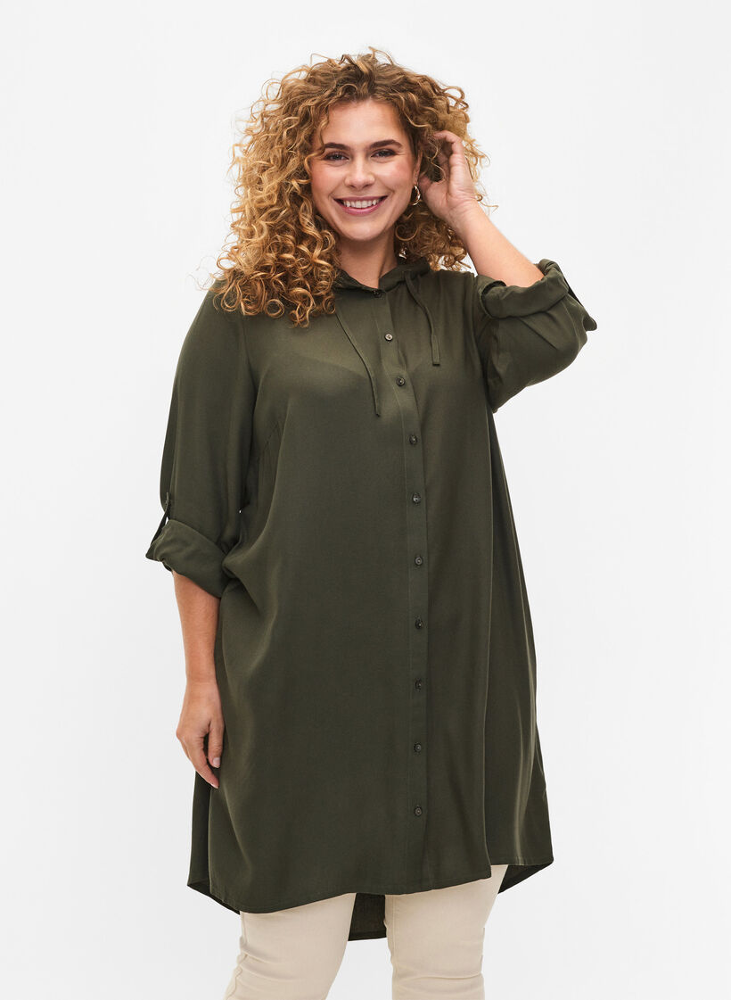 Robe chemise en viscose avec capuche et manches 3/4, Thyme, Model image number 0