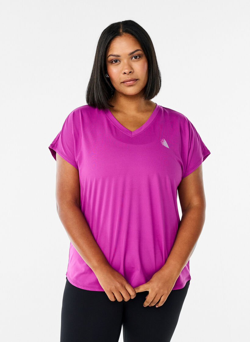 T-shirt de sport &agrave; manches courtes et col en V, Violet, Model image number 0