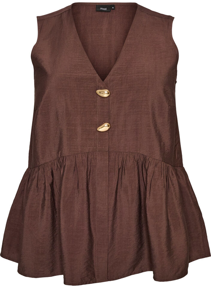&Auml;rmellose Sch&ouml;&szlig;chenbluse mit dekorativen Kn&ouml;pfen, Braun, Packshot image number 0