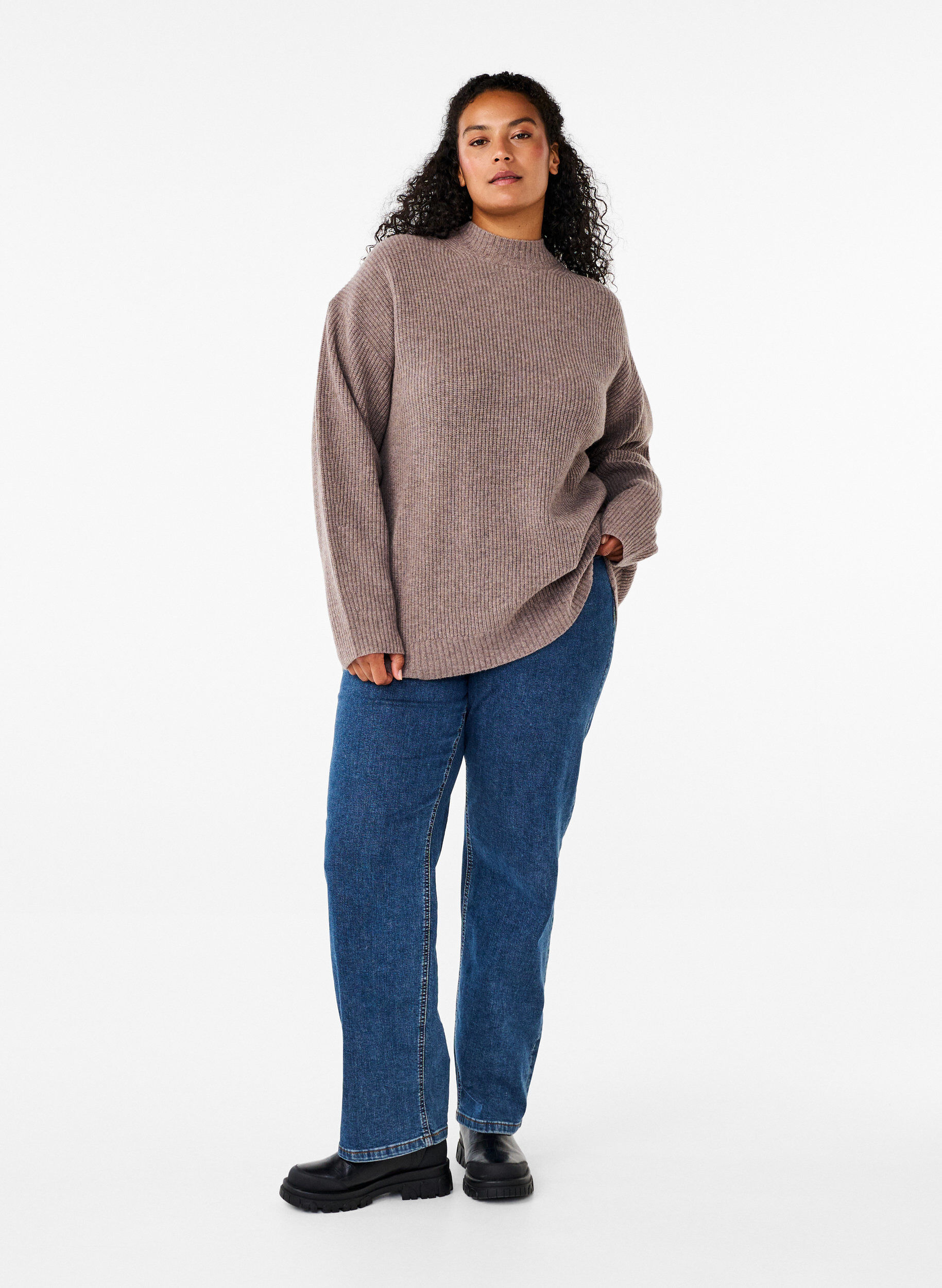 Zizzi Lockerer Strickpullover aus Merinowolle, Desert Taupe Mel., Model image number 2