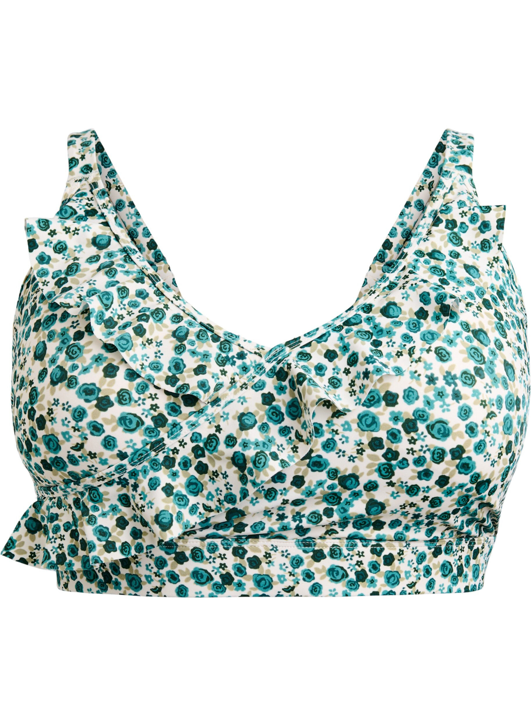 ZizziHaut de bikini &agrave; fleurs et &agrave; d&eacute;tails de jabot, Vert, Packshot image number 0