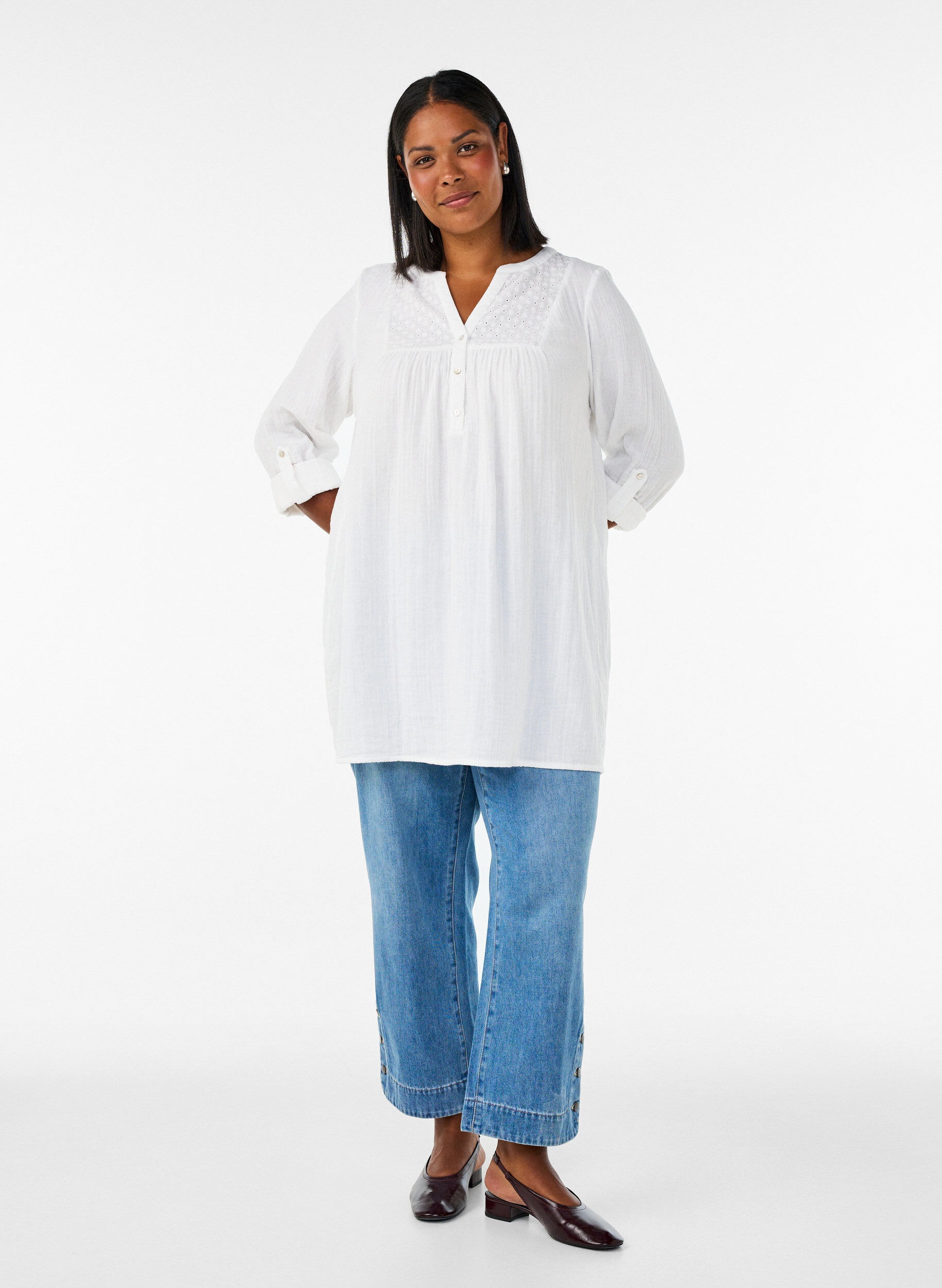 ZizziTunique en mousseline de coton avec broderie anglaise, Blanc, Model image number 1