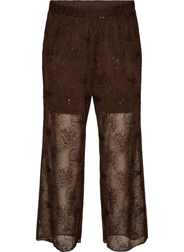 Pantalon en maille avec broderies florales et sequins, Marron, Packshot image number 0