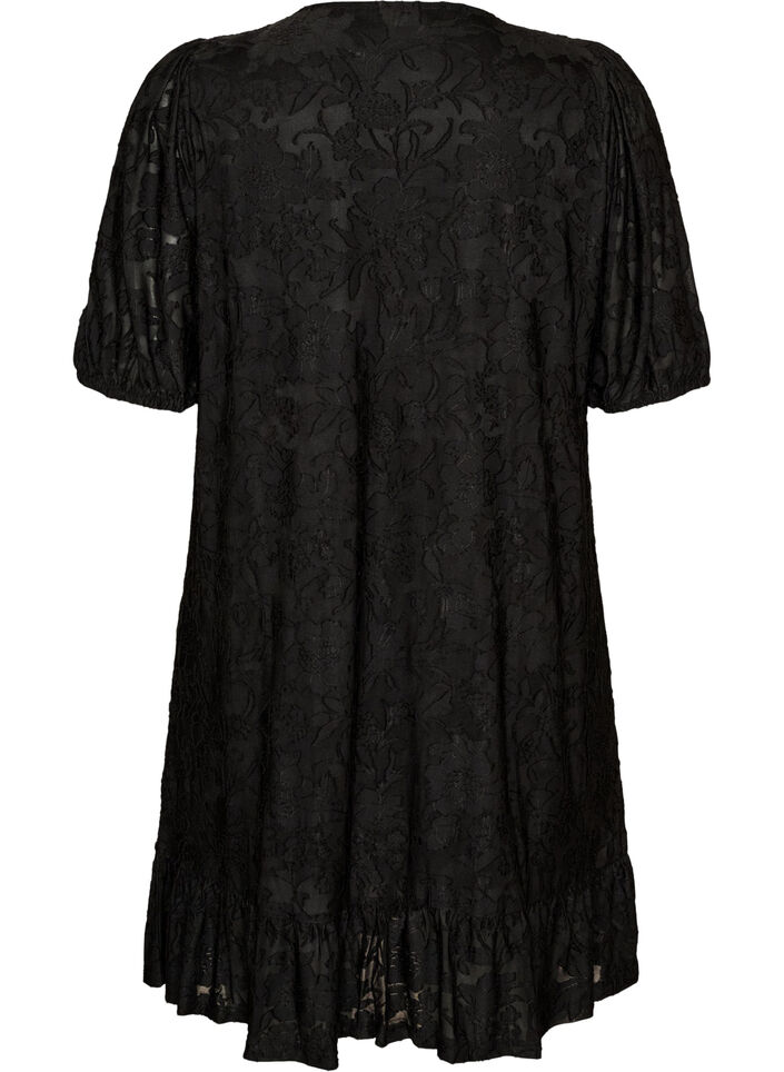 Robe &agrave; texture florale et bordure &agrave; volants, Noir, Packshot image number 1