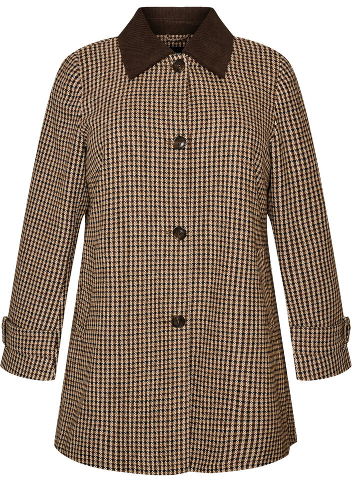 Manteau &agrave; carreaux avec col en velours c&ocirc;tel&eacute;, Marron, Packshot image number 0