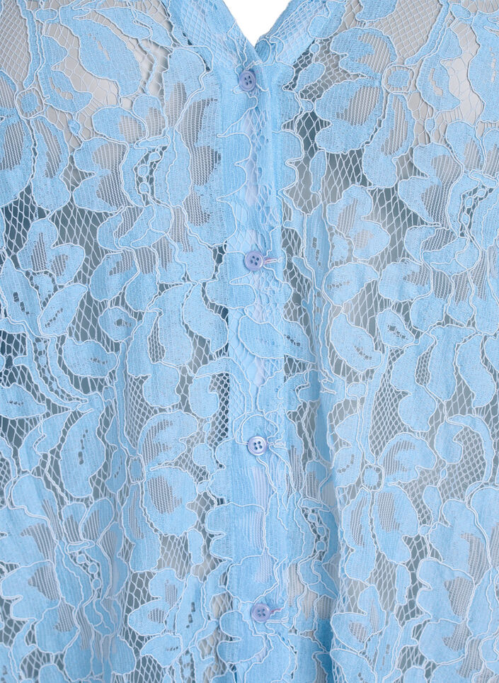 Kurz&auml;rmelige Spitzenbluse mit V-Ausschnitt, Blau, Packshot image number 2
