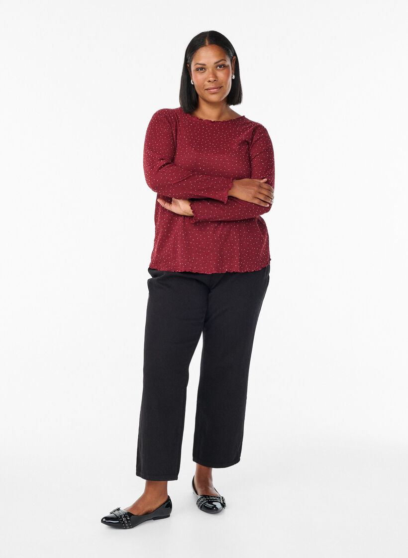 Langärmelige Bluse mit Strasssteinen, Dunkles Bordeaux, Model image number 1
