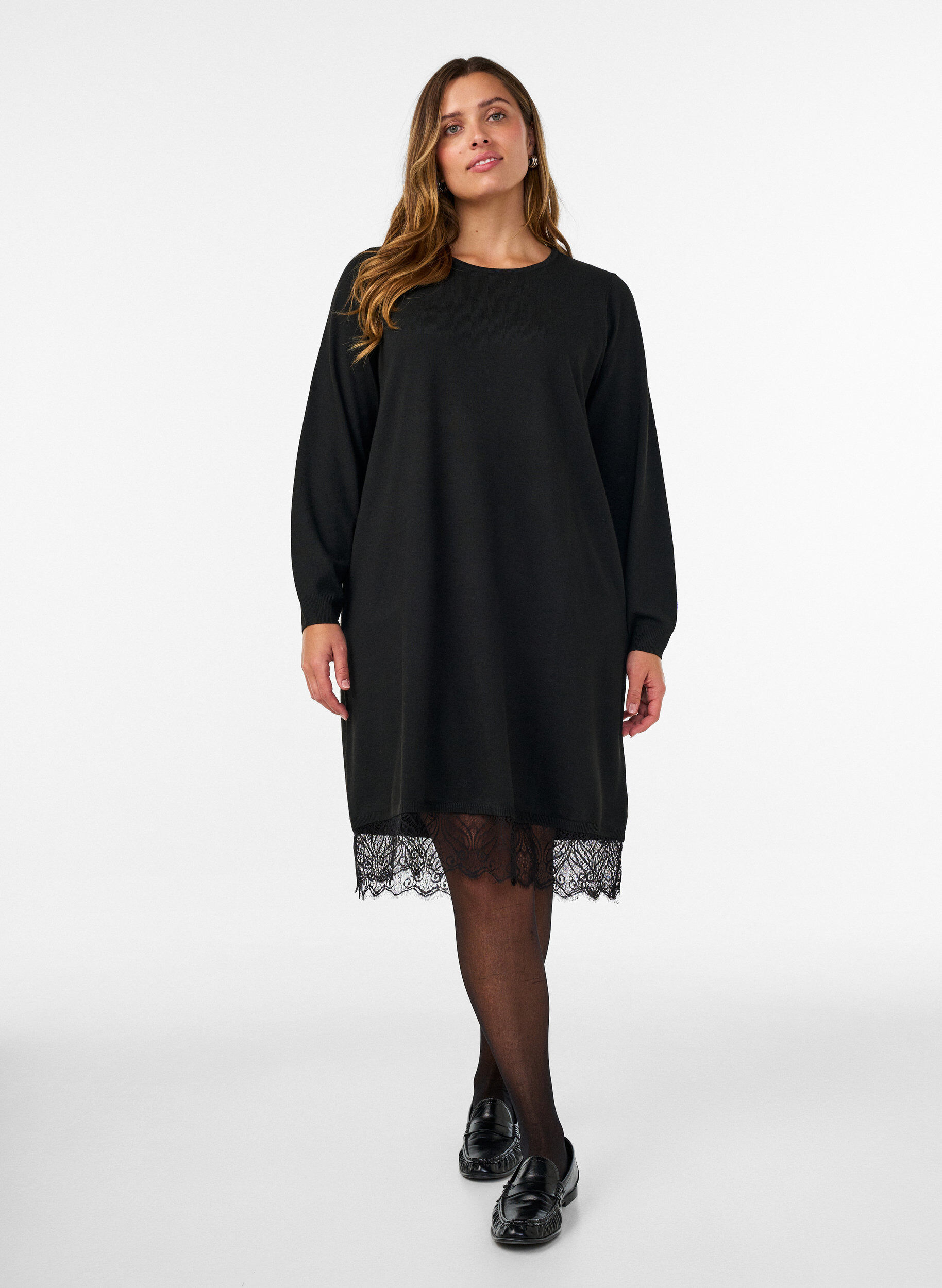 ZizziRobe courte en maille avec ourlet en dentelle, Noir, Model image number 1