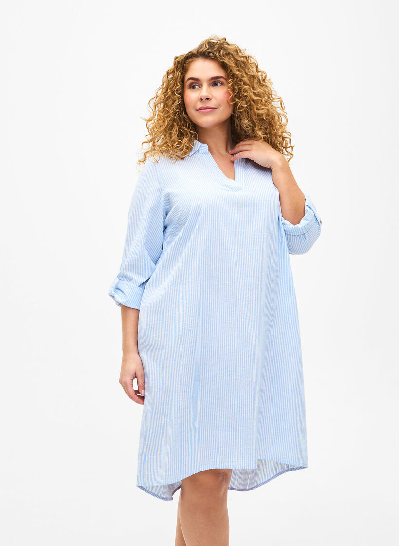 Gestreiftes Kleid aus Baumwolle und Leinen, Serenity Wh. Stripe, Model image number 0
