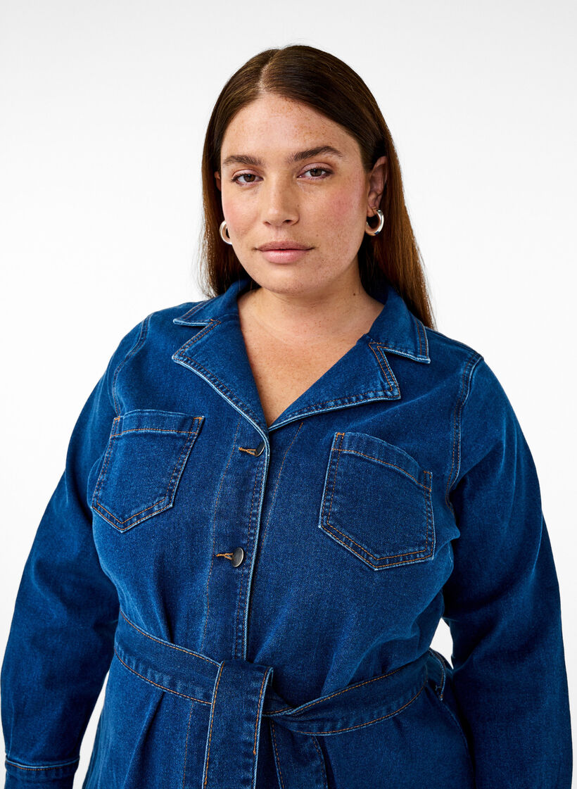 Robe chemise midi en denim avec ceinture, Dark Blue Denim, Image image number 0