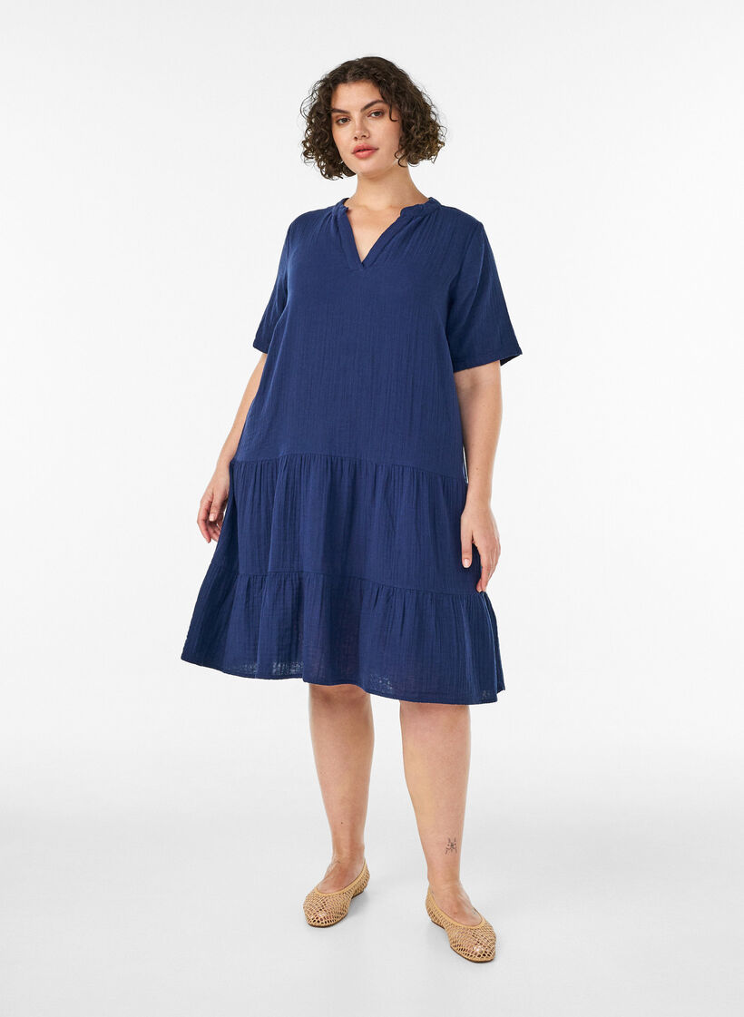 Kurzes A-Linien-Kleid aus Baumwollmusselin, Blau, Model image number 1