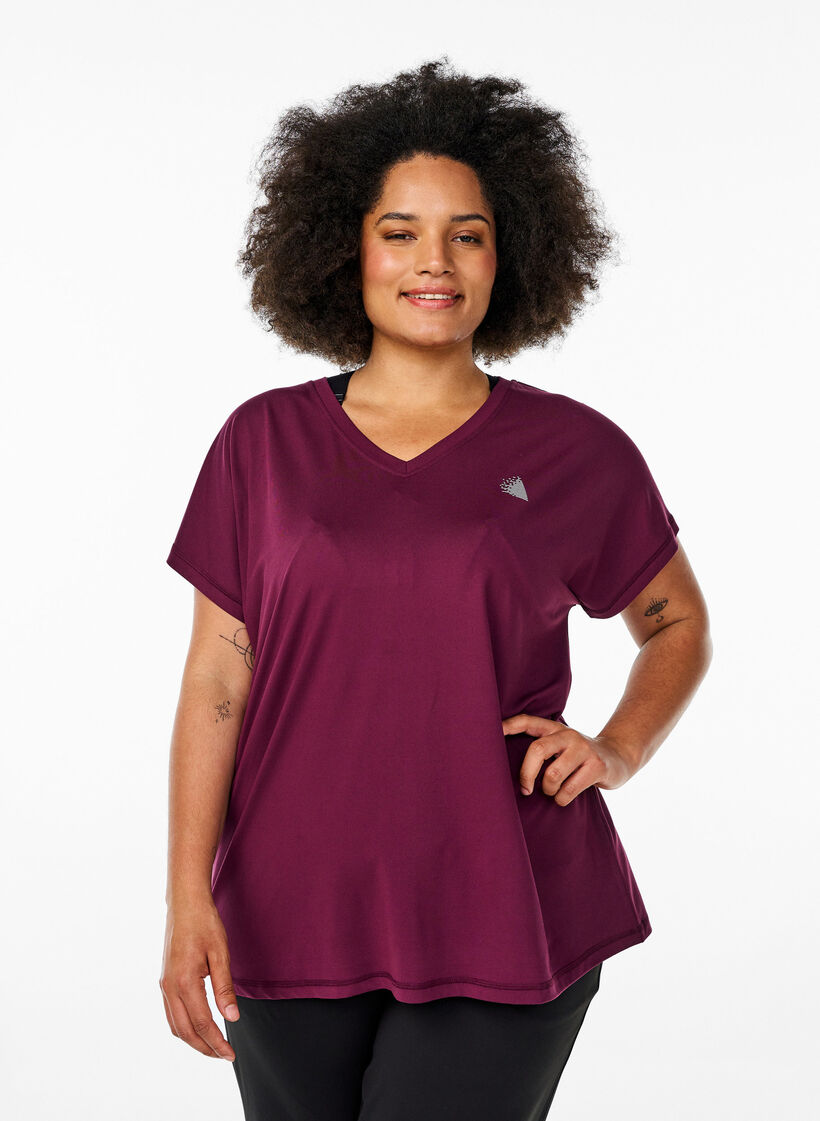 T-shirt de sport ample avec col en v, Bordeaux, Model image number 0
