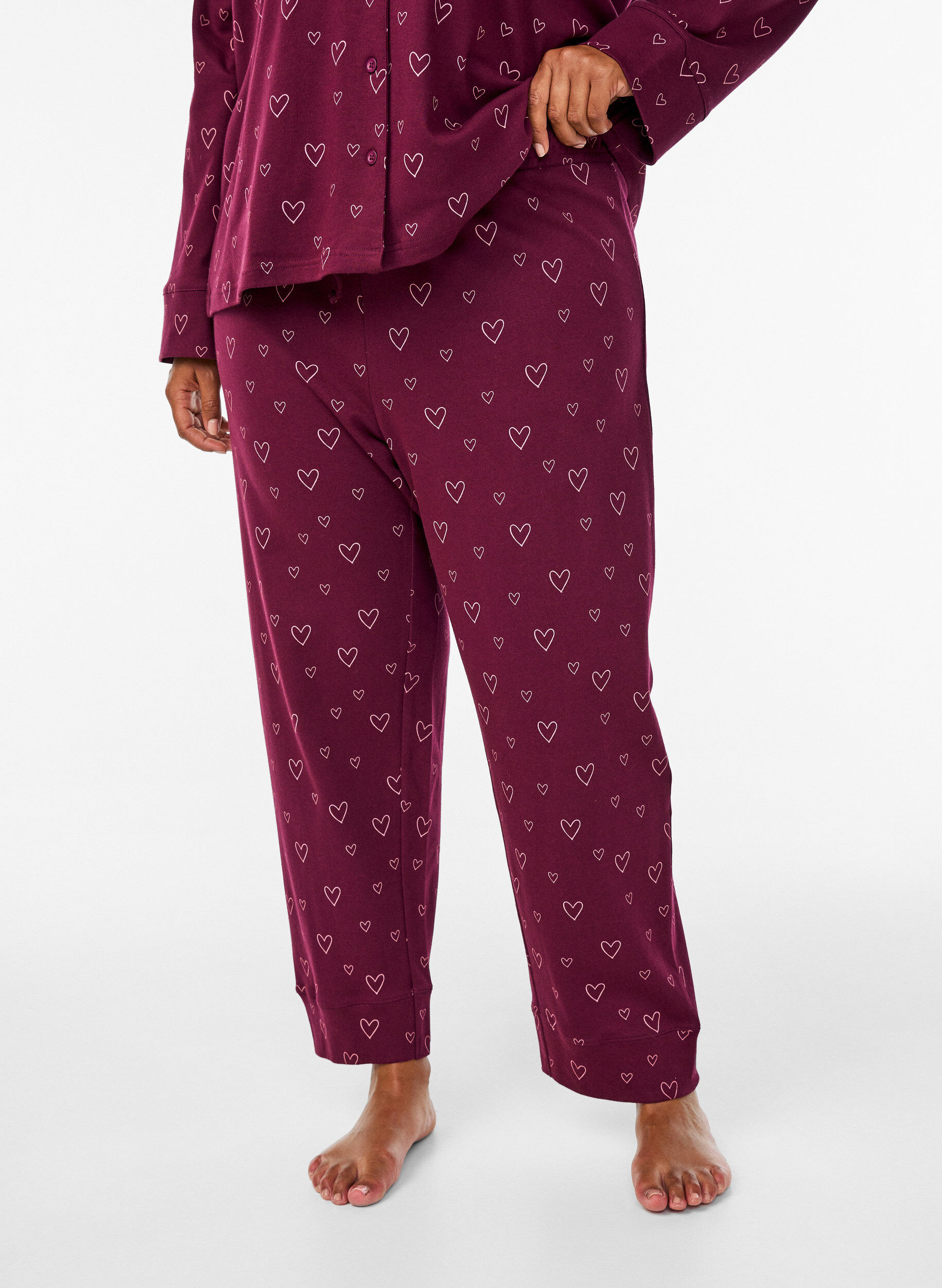 Zizzi Pantalon de pyjama taille haute en coton, Bordeaux fonc&eacute;, Model image number 2