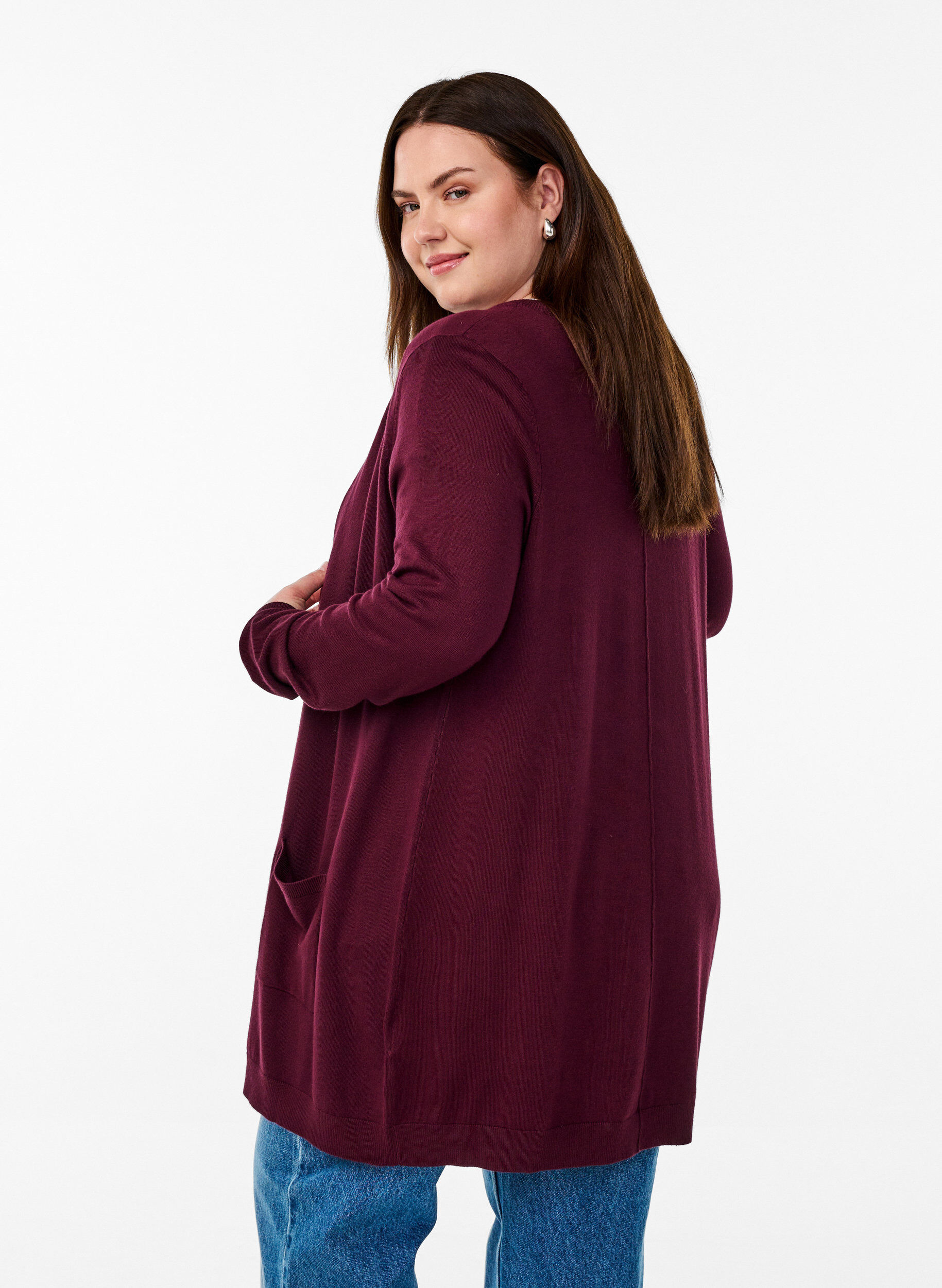 ZizziLong cardigan tricot&eacute; en m&eacute;lange de viscose, Bordeaux, Model image number 2